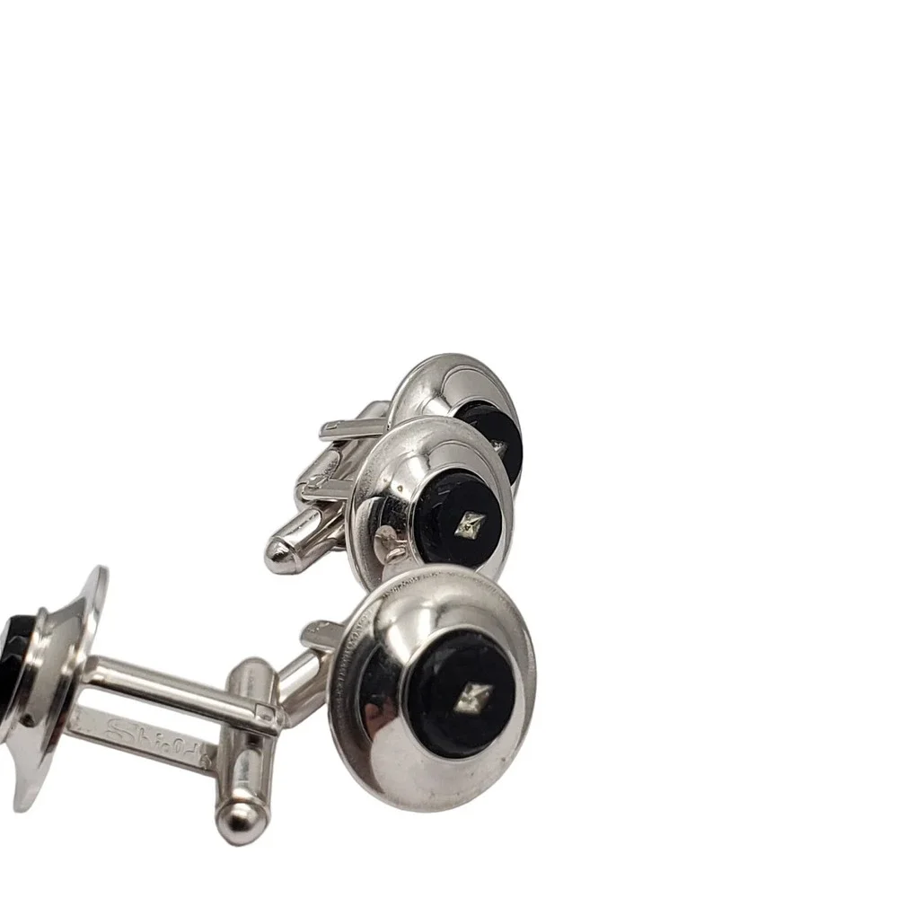 Black Onyx Crystal Cufflinks Silver Tone Shields 5th Avenue Suit Accessory Set 2